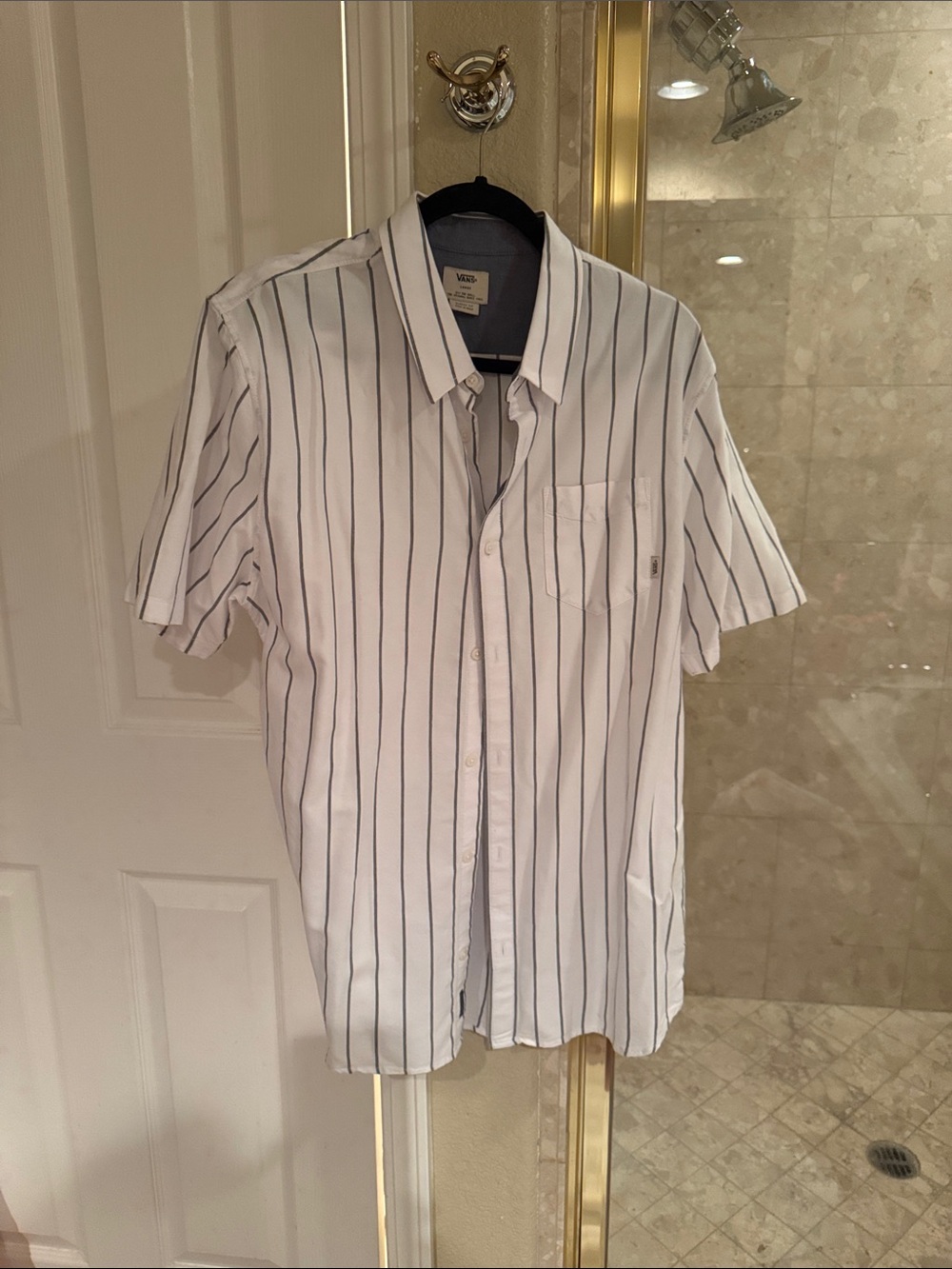 Vans White Short-Sleeve Button-Down Shirt with Navy Vertical Stripes